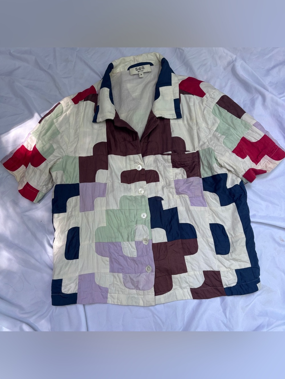 Sea New York Cari Patchwork Button Down Short Sleeve Shirt 100% Cotton